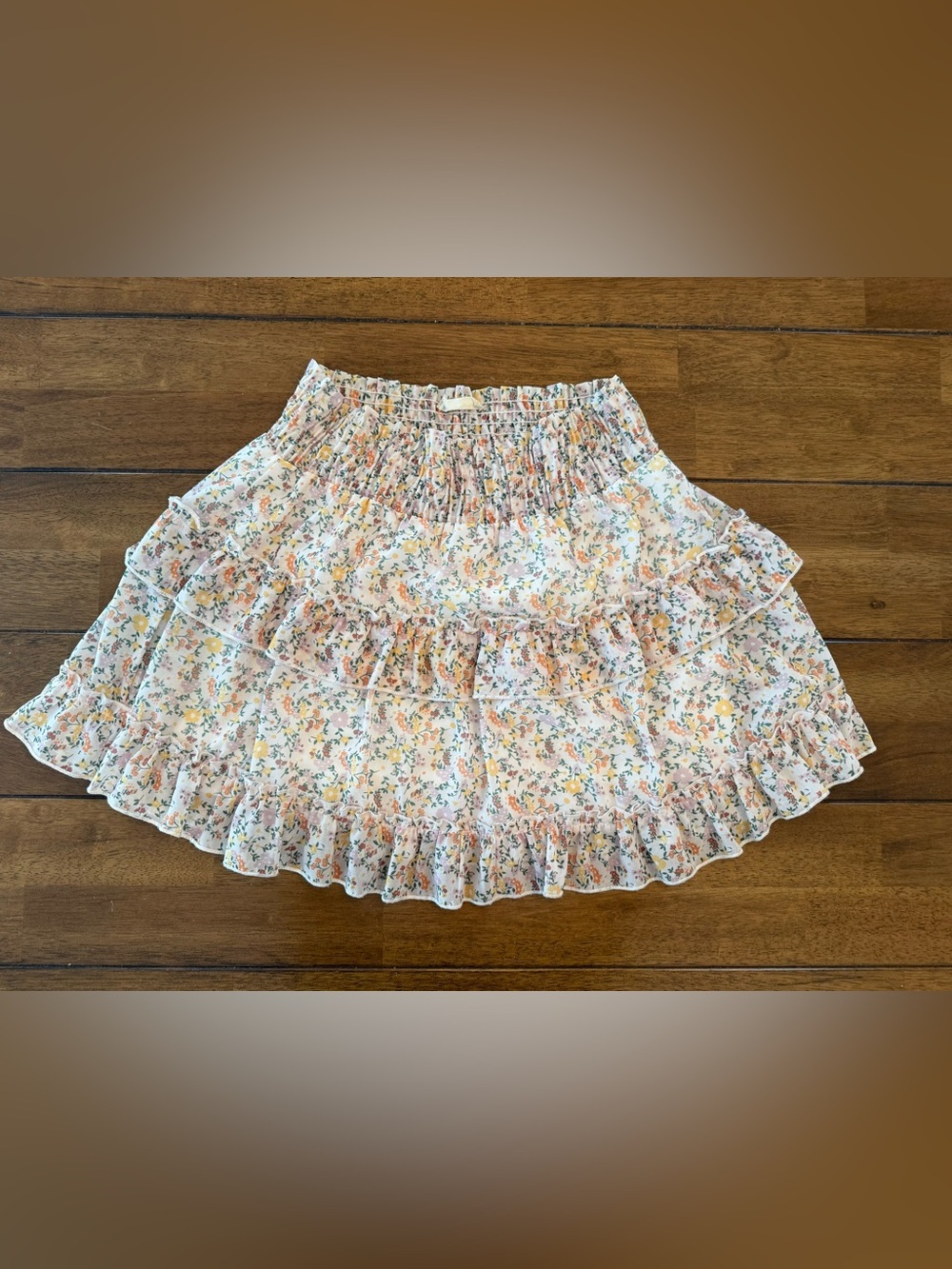 Altar'd State Floral Smocked Ruffle Mini Skirt in White, Pink & Yellow BoHo